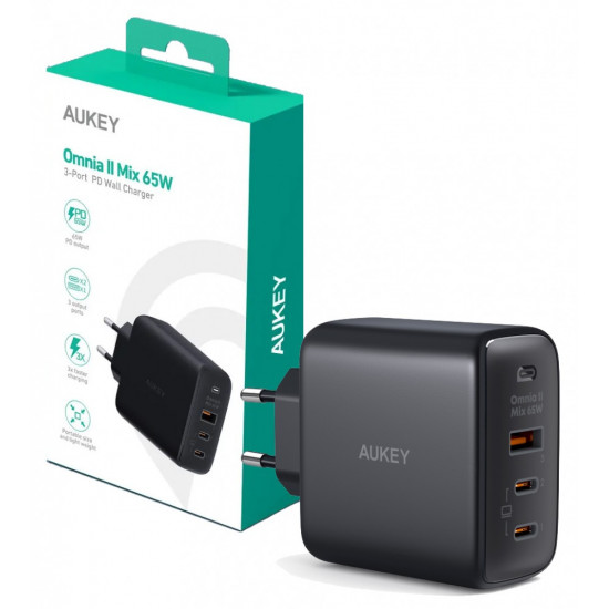 AUKEY PA-B6T Black Omni a II GaN Wall Charger 3xUSB (2xUSB C+ 1xUSB A) 65W QC PD