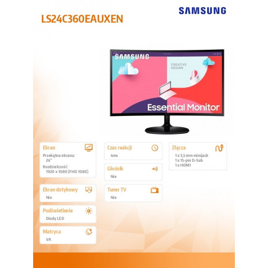 Monitor 24 inch LS24C360EAUXEN VA 1920x1080 FHD 16:9 1xD-sub 1xHDMI 4 ms (GTG) zakrzywiony 2 lata d2d