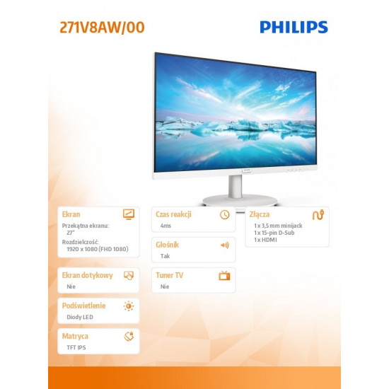 Monitor 271V8AW 27 inch IPS HDMI Speakers White