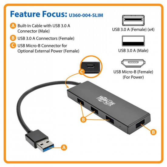 Adapter 4 PORT SLIM USB HUB WITH CABLE U360-004-SLIM 