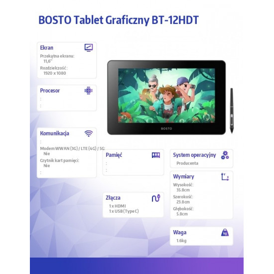 Tablet graficzny Bosto 12-HDT 1920x1080 11,6