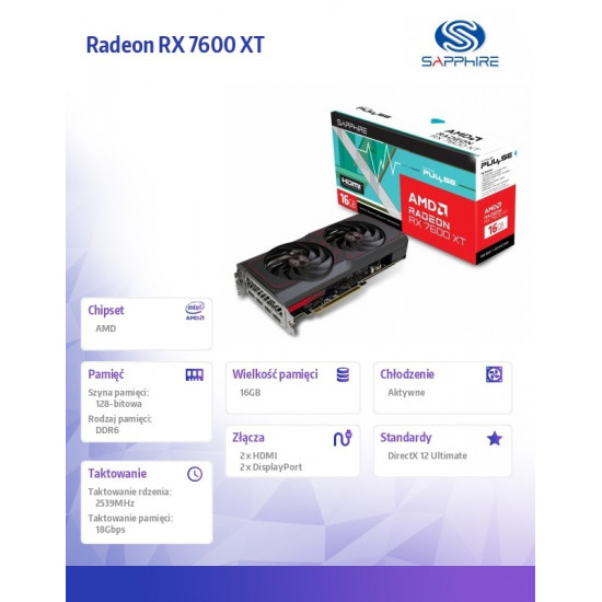 Graphics card Radeon RX 7600 XT PULSE 16GB GDDR6 128bit 2DP/2HDMI