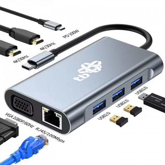 TB 8in1 Adapter USB C HDMI x2 USB VGA RJ45 PD