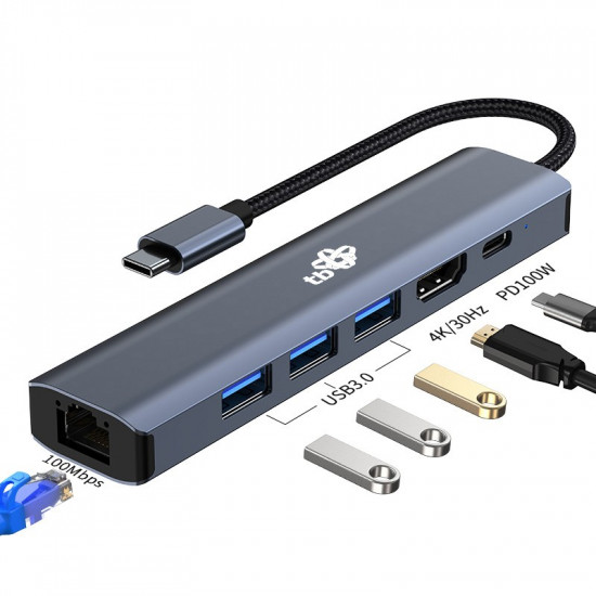 Adapter HUB USB C 6in1 - HDMI, USBx3, PD, RJ-45