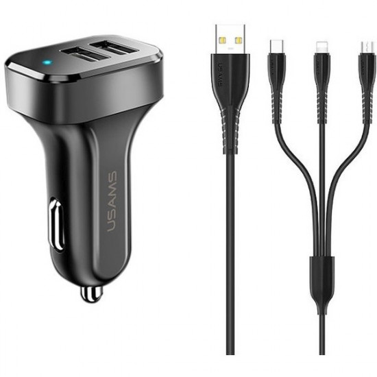 Car charger 2xUSB 2,1A microUSB/USB-C/Lightnin