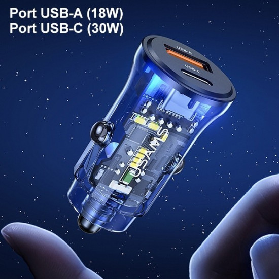 Car charger 30W 1xUSB+1 1xUSB-C Fast charge