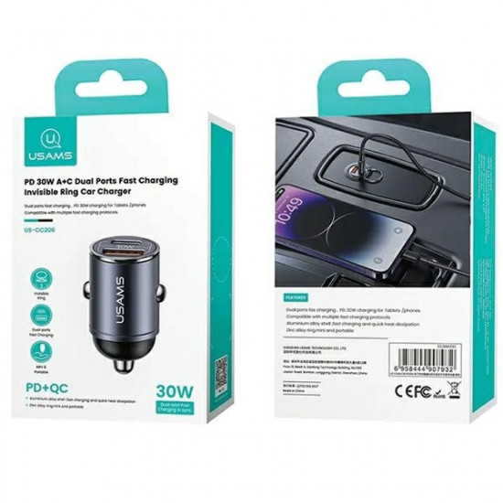 Car Charger 30W 1xUSB+ 1xUSB-C Fast Charge C38