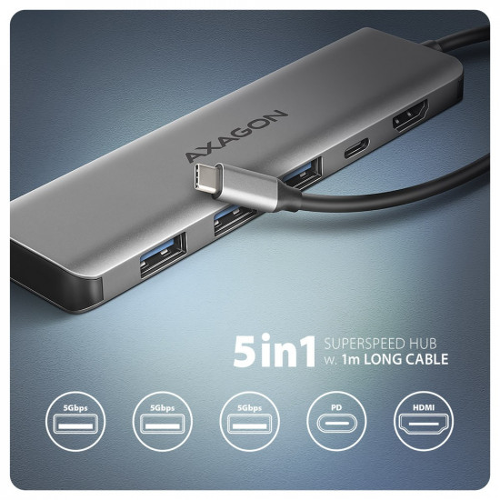 HMC-5H USB hub 5in1 5Gb ps, 3xUSB, HDMI, PD100W