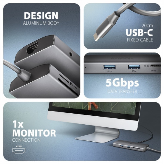 HMC-8HLSA USB hub 8in1 5Gbps HDMI audio LAN PD