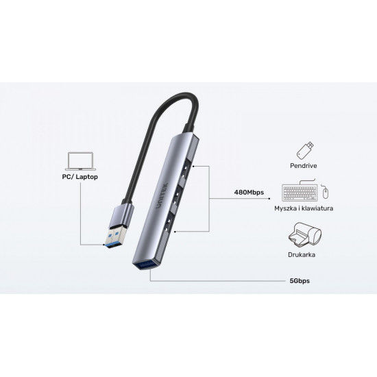 HUB USB-A 3x USB-A 2.0 1x USB-A 5 Gbps Alu