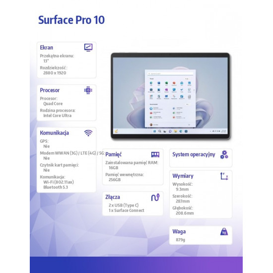 Surface Pro 10 Intel Core Ultra 5-135U/16GB/256 GB/Comm Plat/ZDT-00004