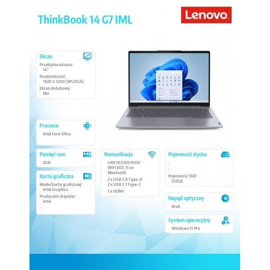 Notebook ThinkBook 14 G7 21MR008JPB W11Pro Ultra 5 125U/8GB/512GB/INT/14.0 WUXGA/Arctic Grey/3YRS OS + CO2 Offset