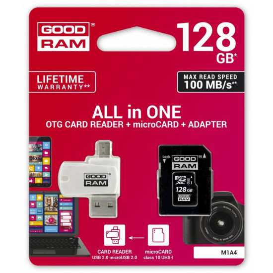 MicroSDHC card 128GB CL10 + adapter + reader