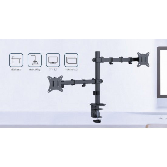 Desk mounted double monitor arm 17-32 inches 9kg