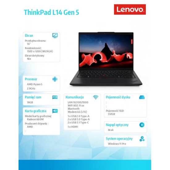 Laptop ThinkPad L14 AMD G5 21L5001MPB W11Pro 7535U/16GB/512GB/AMD Radeon/14.0 WUXGA/Black/1YR Premier Support + 3YRS OS + CO2 Offset 