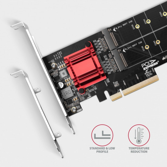 PCEM2-ND PCE-E 3.0 8x - dual M.2 NVMe M-key slot adapter w. dataswitch, SP & LP, up to 110mm SSD