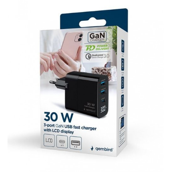 GaN Charger 2xUSB-A 1xC LCD 30W PD QC3.0 black