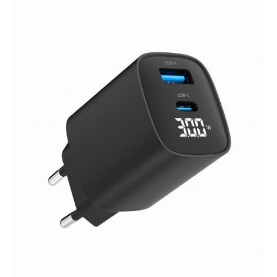 GaN Charger USB-A USB-C LCD 30W PD QC3.0 black