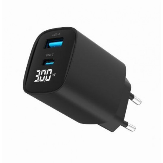 GaN Charger USB-A USB-C LCD 30W PD QC3.0 black