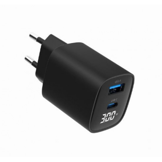 GaN Charger USB-A USB-C LCD 30W PD QC3.0 black