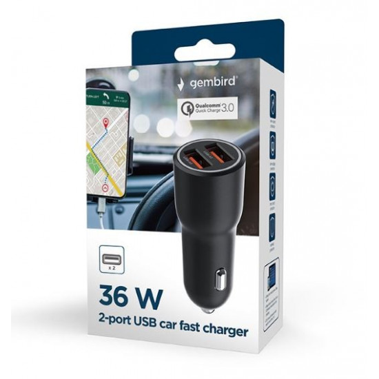 Car charger 2xUSB-A QC3.0 36W black