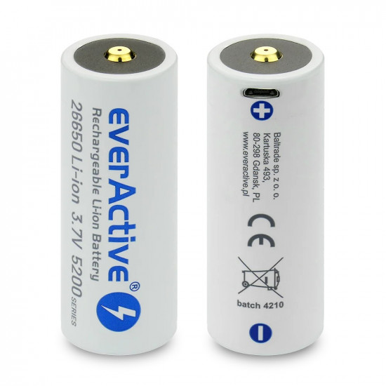 Rechargeble battery 26650 3,7V Li-ion 5200 mAh micro USB