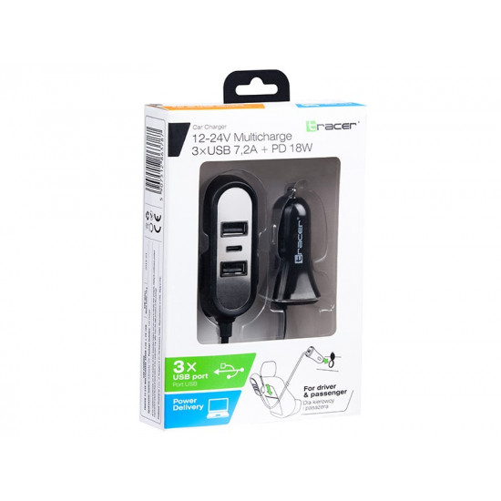 Car charger 12-24V Multicharge 3xUSB 7,2A + PD 18W