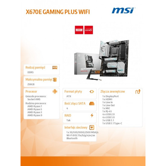 Motherboard X670E GAMING PLUS WIFI AM5 4DDR5 HDMI ATX