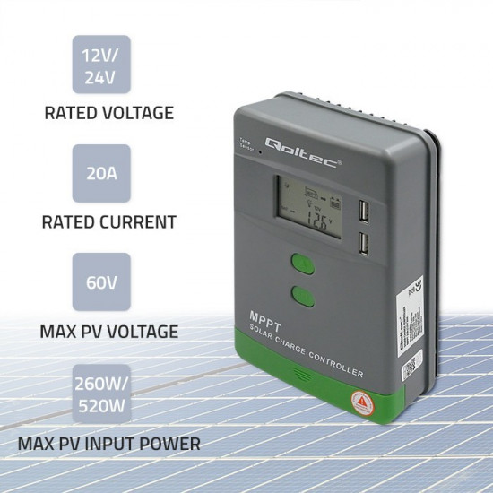 Solar charge controller MPPT 20A,12V 24V,2xUSB