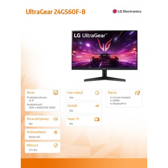 Monitor 24GS60F-B 24 cale IPS FHD 180Hz 1ms HDR10