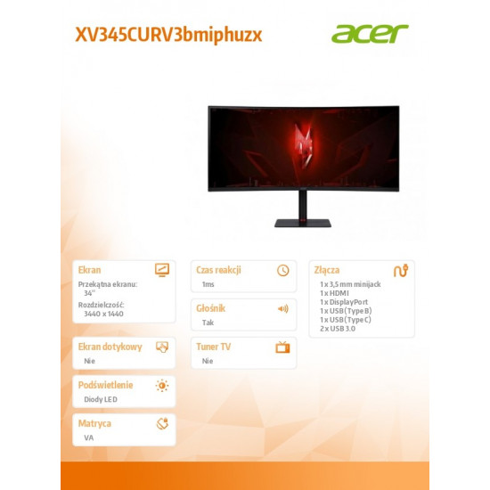 Monitor 34 inch XV345CURV3bmiphuzx UWQHD 21:9 165Hz 1MS/300cd/m2 HDMI DP USB-B USB3.2x2 USB-C SPEAKER H:110 1000R KVM LED RGB