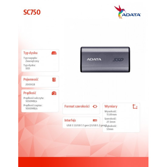 External SSD SC750 2000G USB3.2C 1050/1000 MB/s