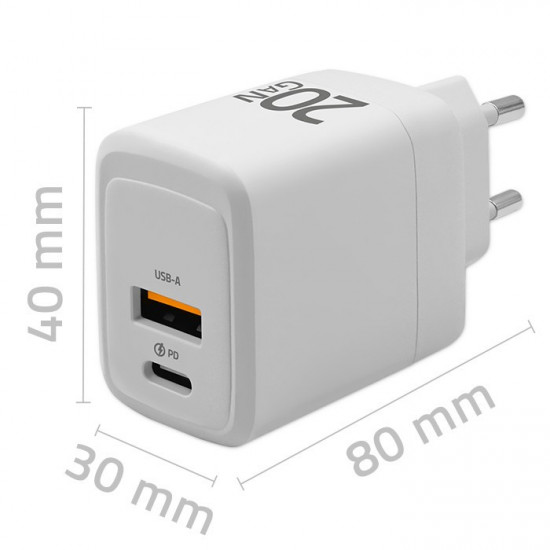 GaN 20W charger,5V 20V 1.5A 3A,1xUSB C PD,1xUS