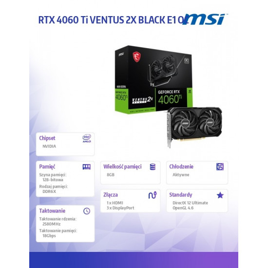 Karta graficzna RTX 4060 Ti VENTUS 2X BLACK E1 OC 8GB GDDR6 128bit