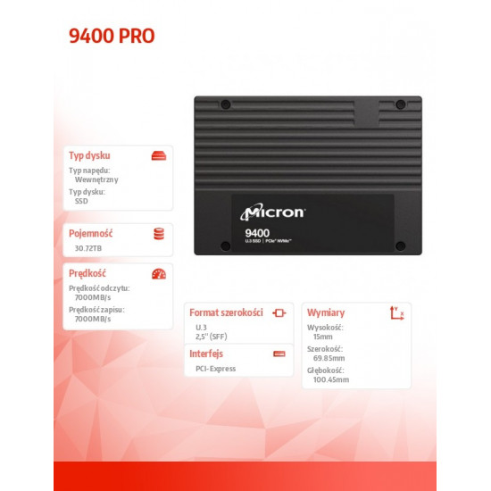 SSD drive 9400 PRO 30720GB NVMe U.3 15mm Single Pack