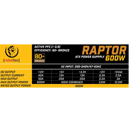 The power supply ATX RAP TOR,600W,BRONZE 80+,Sin