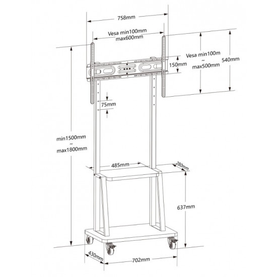  Mobile stand 32-70 inch 70kg with AV Pivot shelf