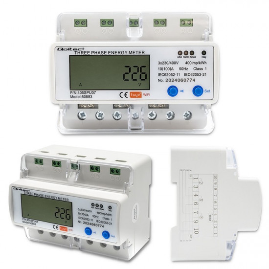 Three phase meter for DIN rail 400V LCD WiFi