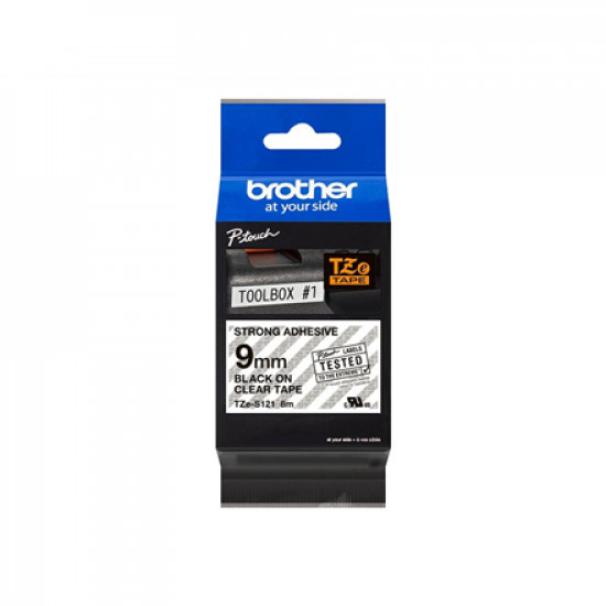 Brother TZe-S121 Strong Adhesive Laminated Tape Black on Clear, TZe, 8 m, 9 mm