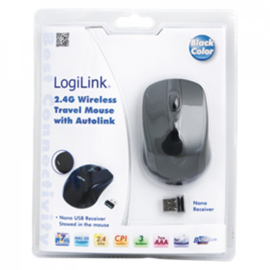 Logilink Maus optisch Funk 2.4 GHz wireless, Black, 2.4GH wireless mini mouse with autolink