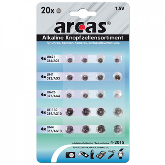 Arcas AG Set 4xAG1, 4xAG3, 4xAG4, 4xAG10, 4xAG13, Alkaline Buttoncell, 20 pc(s)