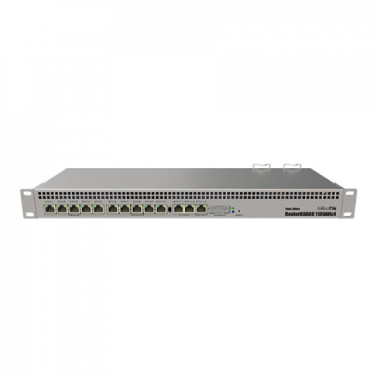 Mikrotik Wired Ethernet Router RB1100AHx4 Dude Edition, 1U Rackmount, Quad core 1.4GHz CPU, 1 GB RAM, 128 MB, 60GB M.2 SSD included, 13xGigabit LAN, 1xSerial console port RS232, 2x SATA3 ports, 2xM.2 slots, PCB Temperature and Voltage Monitor (CAPsMAN, Mo