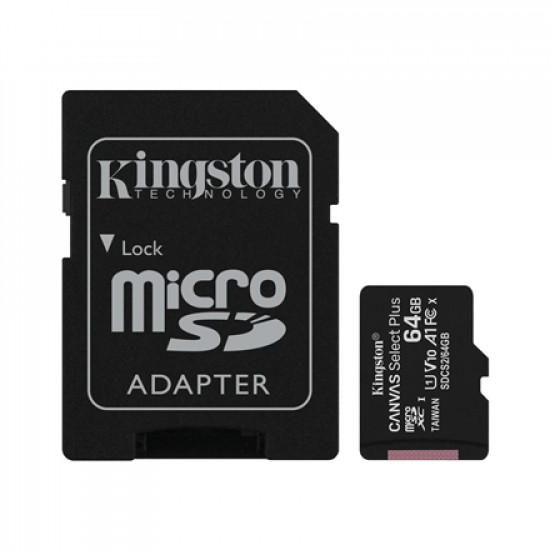 Kingston Canvas Select Plus UHS-I 64 GB, MicroSDXC, Flash memory class 10, SD Adapter