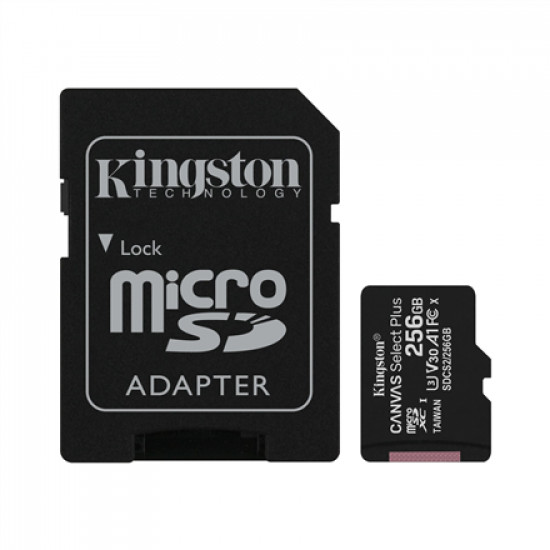 Kingston Canvas Select Plus UHS-I 256 GB, MicroSDXC, Flash memory class 10, SD Adapter