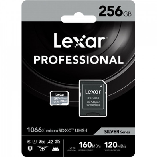 Lexar High-Performance 1066x UHS-I MicroSDXC, 256 GB, Flash memory class 10, Black/Grey, Class: A2 V30 U3, 70 MB/s, 160 MB/s