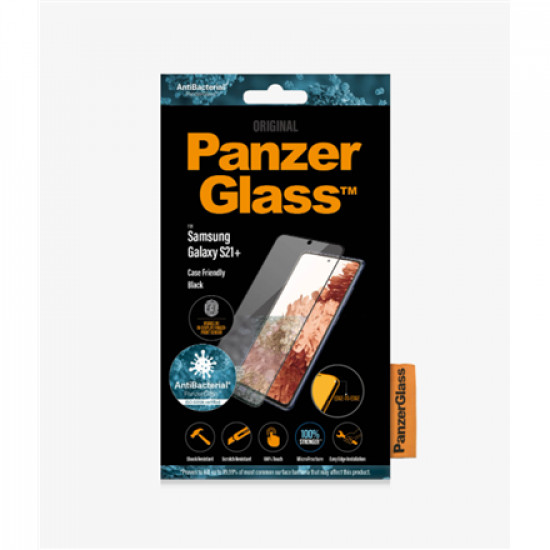 PanzerGlass Samsung, Galaxy S21+ Series, Antibacterial glass, Black, Antifingerprint screen protector, Case Friendly, Compatible with the in-screen fingerprint reader