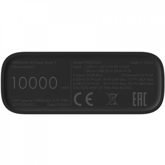 Xiaomi Mi Power Bank 3 Ultra Compact 10000 mAh, Black