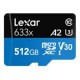 Lexar High-Performance 633x UHS-I MicroSDXC, 512 GB, Flash memory class 10, Black/Blue, Class: A2 V30 U3, 70 MB/s, 100 MB/s