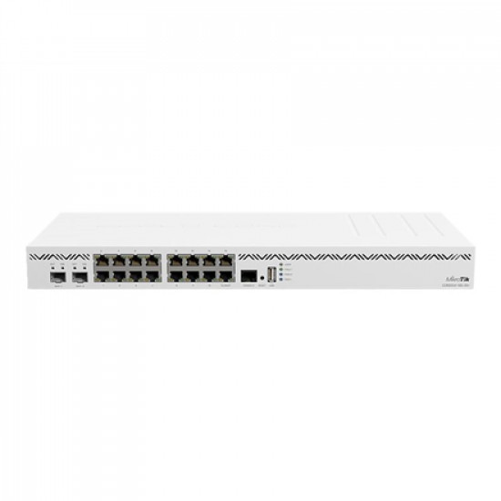 Mikrotik Cloud Core Router CCR2004-16G-2S+, 2x10G SFP+ ports, 16x Gigabit LAN ports, 1x RJ45 Serial port, 4 core CPU, 4 GB RAM, Dual redundant power supply, CPU and PCB temperature monitor, RouterOS L6 MikroTik