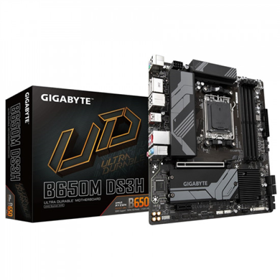 Gigabyte B650M DS3H 1.0 M/B Processor family AMD, Processor socket AM5, DDR5 DIMM, Memory slots 4, Supported hard disk drive interfaces SATA, M.2, Number of SATA connectors 4, Chipset B650, Micro ATX